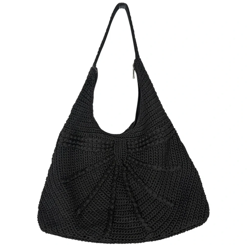 Unbranded Black Crochet Hobo Shoulder Bag Bow Zip Pocket Rayon